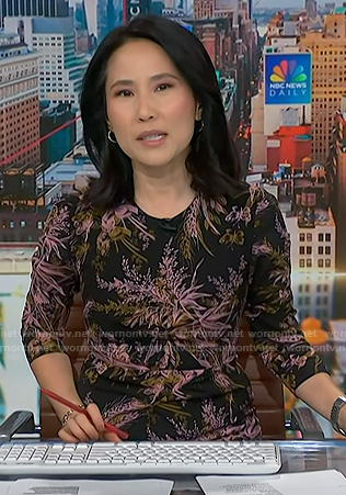 Vicky’s black floral print sheath dress on NBC News Daily