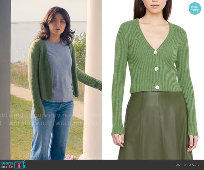 Vince Ribbed Button Front Cardigan worn by Amelia Sacks (Eve Hewson) on The Perfect Couple