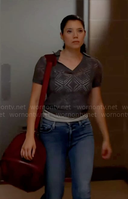 Violet’s grey pointelle knit polo top on Chicago Fire