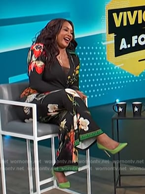Vivica A. Fox’s black floral print jumpsuit on Access Hollywood