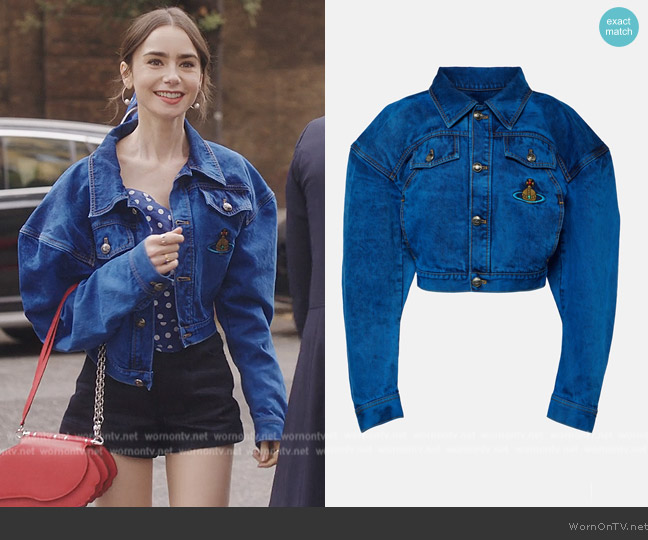 Vivienne Westwood Embroidered cropped denim jacket worn by Emily Cooper (Lily Collins) on Emily in Paris