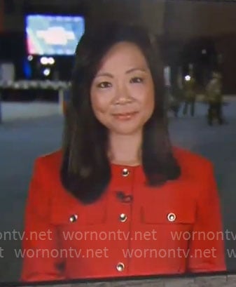 Weijia Jiang’s red jacket with gold buttons on CBS Mornings