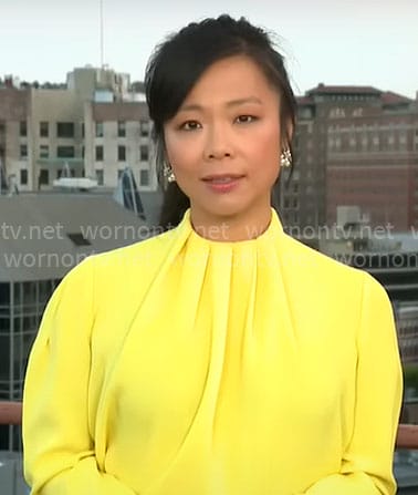 Weijia Jiang’s yellow pleated neck top on CBS Mornings