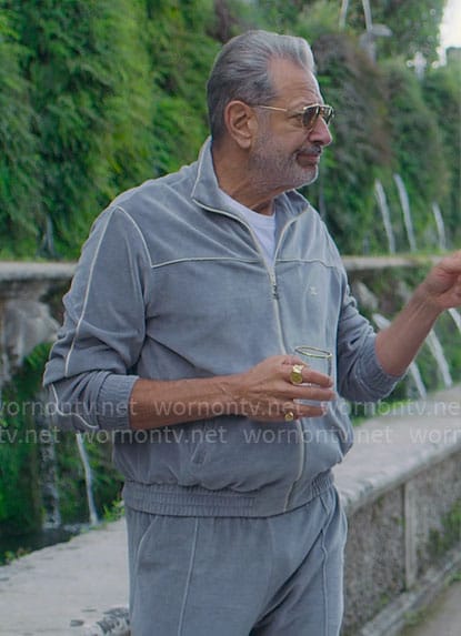 Zeus’s grey velvet track suit on Kaos