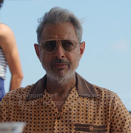 Zeus’s brown and yellow geometric print shirt on Kaos
