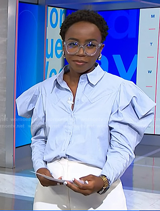 Zinhle’s blue puff sleeve top on NBC News Daily