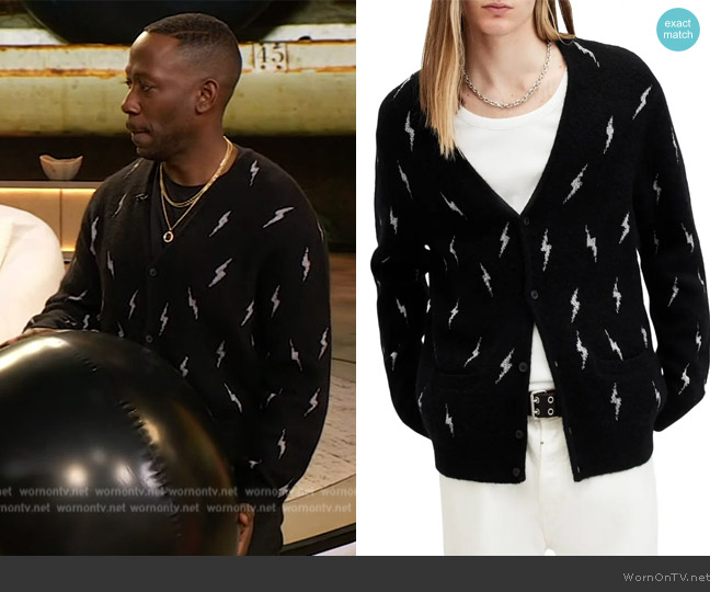 All Saints Zap Regular Fit V Neck Cardigan worn by Lamorne Morris on The Drew Barrymore Show