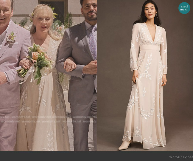 BHLDN Belize Embroidered A-Line Long-Sleeve V-Neck Gown worn by Loretta Durkin (Meryl Streep) on Only Murders in the Building