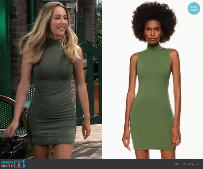 Contour Mockneck Mini Dress in Sencha Green worn by Josslyn Jacks (Eden McCoy) on General Hospital