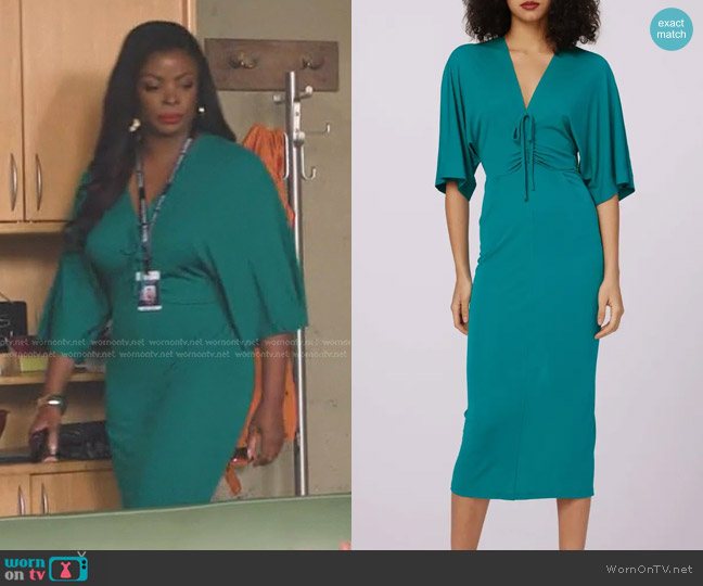 Diane von Furstenberg Valerie Center Ruched Midi Dress in Emerald worn by Ava Coleman (Janelle James) on Abbott Elementary