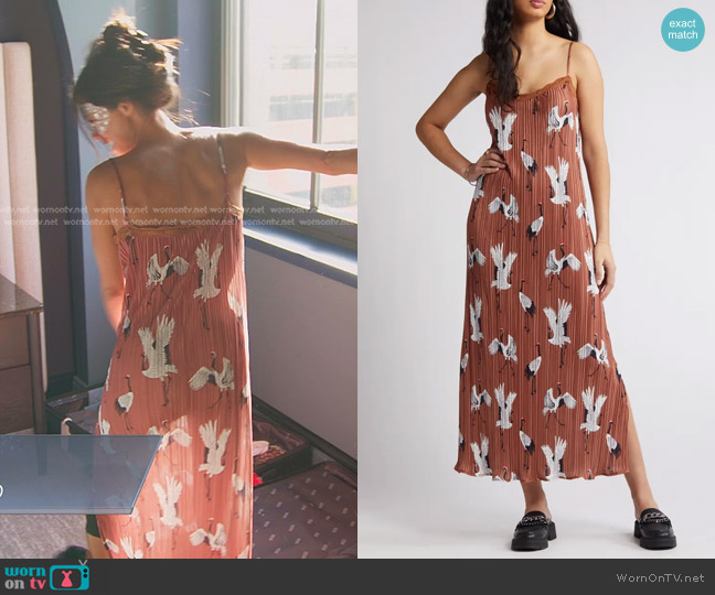 Dressed in Lala Money Honey Plissé Midi Slipdress in Eternal Yout worn by Meili Workman on The Real Housewives of Salt Lake City