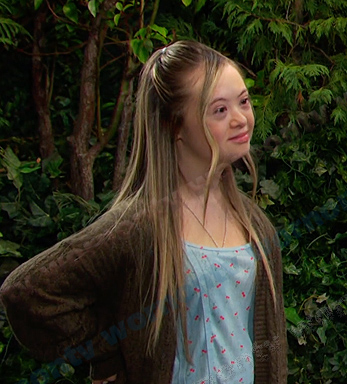 Felicity’s blue cherry print top on Days of our Lives