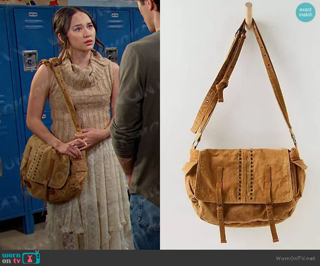 Free People Zevon Distressed Messenger Bag in Desert Dune worn by Sophia Choi (Madelyn Kientz) on Days of our Lives