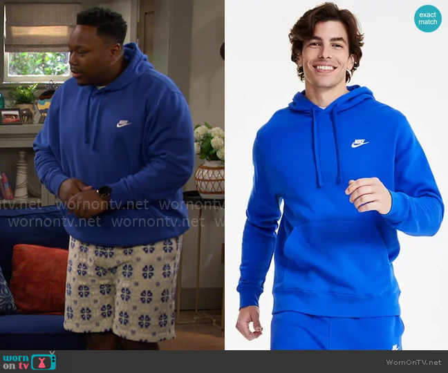 Nike Fleece Pullover Hoodie in Game Royal / White worn by Marty (Marcel Spears) on The Neighborhood