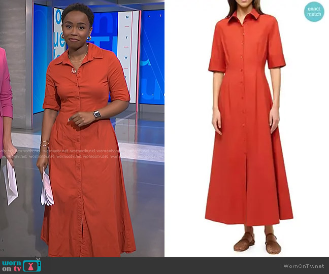 Staud Joan Stretch-Cotton Maxi Shirtdress in Rust worn by Zinhle Essamuah on NBC News Daily