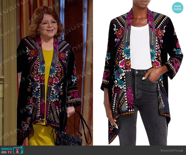 Johnny Was Tinasha Velvet Embroidered Jacket worn by Nancy Wesley (Patrika Darbo) on Days of our Lives