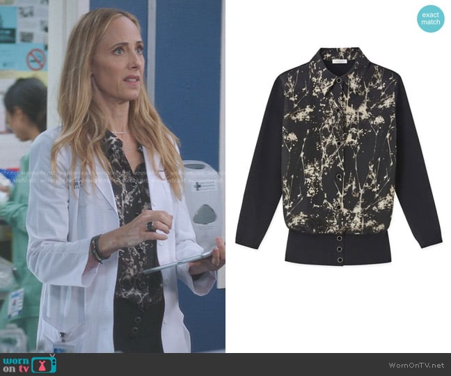Lafayette 148 New York Tree Print Mixed Media Cardigan worn by Teddy Altman (Kim Raver) on Greys Anatomy