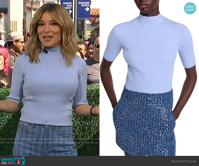 Maje Maude Rib Knit Top in Light Blue worn by Kit Hoover on Access Hollywood