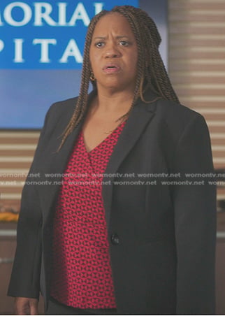 Miranda’s red geometric wrap top on Greys Anatomy