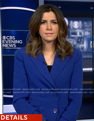 Nicole Sganga’s blue double breasted blazer on CBS Evening News