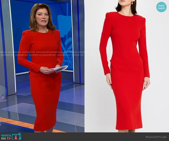 Sergio Hudson Pleated-Back Long-Sleeve Stretch Wool Crepe Midi Dress worn by Norah O'Donnell on CBS Evening News