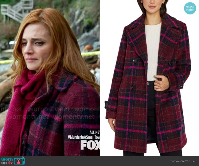 Sam Edelman Double-Breasted Plaid Coat worn by Zoe Strachan (Stana Katic) on Murder in a Small Town