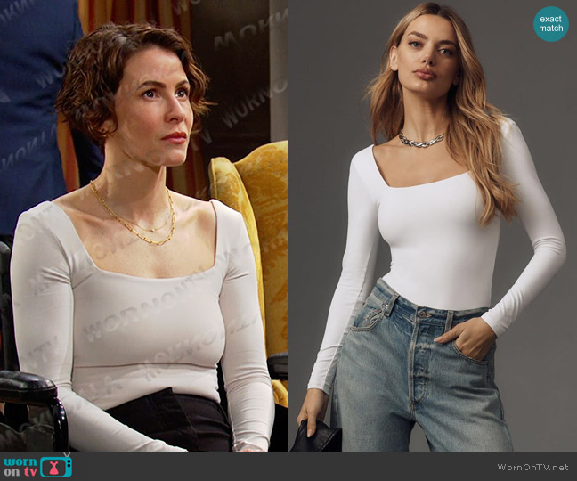 Second Skin Stacy Long-Sleeve Square-Neck Bodysuit in white worn by Sarah Horton (Linsey Godfrey) on Days of our Lives