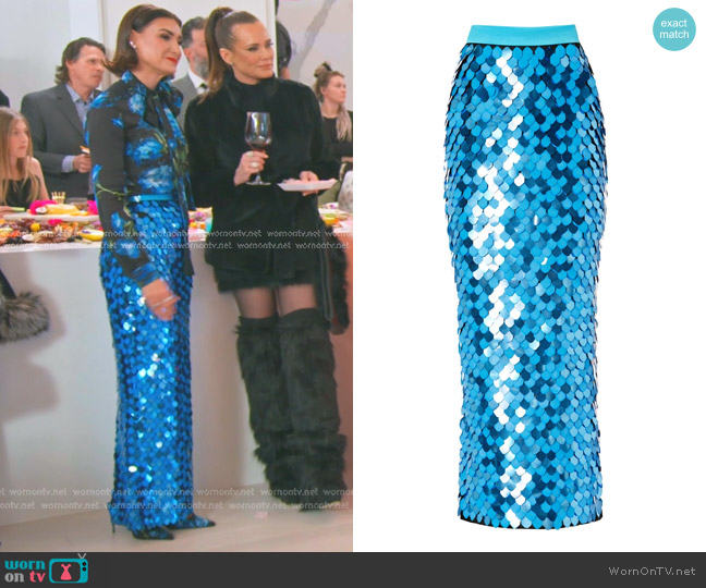 Sergio Hudson Paillette Maxi Skirt in Blue worn by Bronwyn Newport on The Real Housewives of Salt Lake City