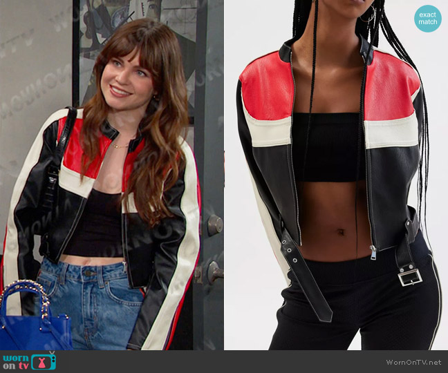 Urban Outfitters Jordan Faux Leather Fitted Racer Moto Jacket worn by Joy Wesley (AlexAnn Hopkins) on Days of our Lives