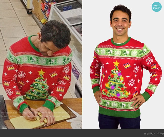 Ugly Christmas Sweaters Red LED light-up Couple's Ugly Christmas Sweater worn by Rudy Thurber (Kumail Nanjiani) on Only Murders in the Building