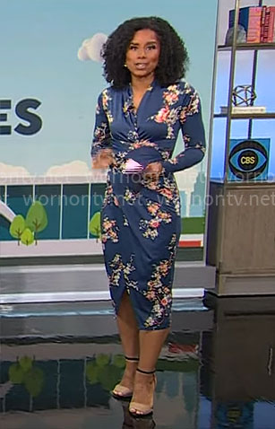 Adriana Diaz’s teal floral long sleeved dress on CBS Mornings
