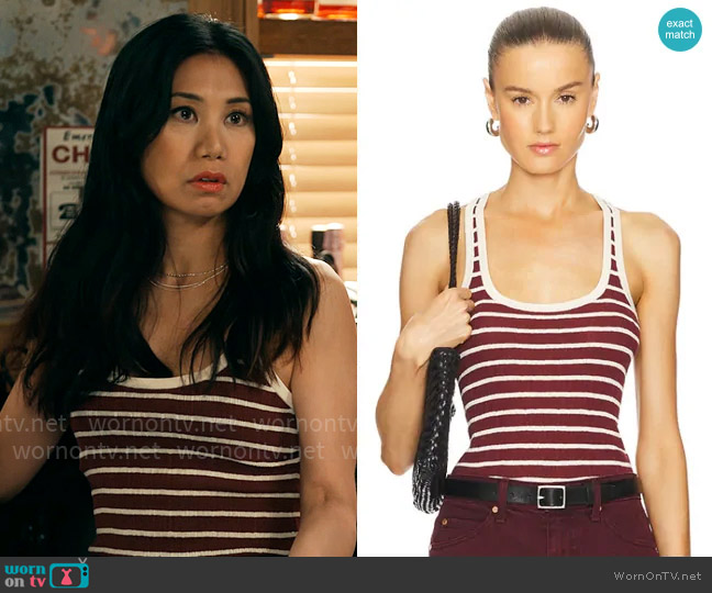 A.L.C. Iris Top in Bright White & Syrah Stripe worn by Melody Bayani (Liza Lapira) on The Equalizer