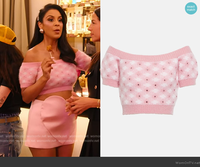 Alessandra Rich Off-shoulder mohair-blend checked top worn by Jessel Taank on The Real Housewives of New York City