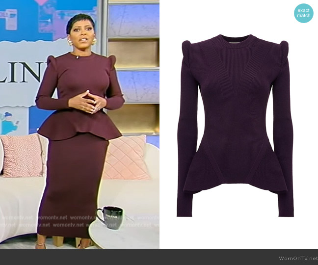 Alexander McQueen mermaid-style ribbed jumper worn by Tamron Hall on Tamron Hall Show