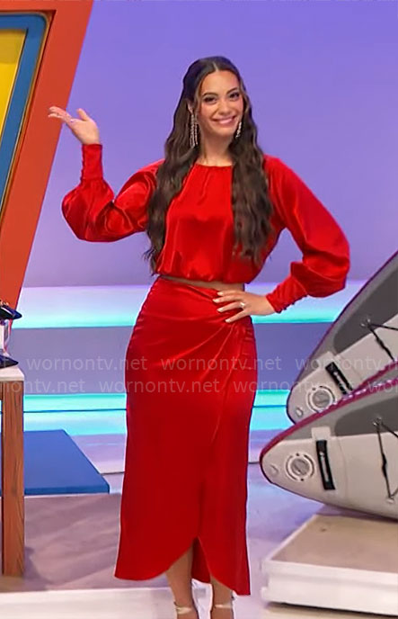 Alexis’s red satin crop blouse and maxi skirt set on The Price is Right