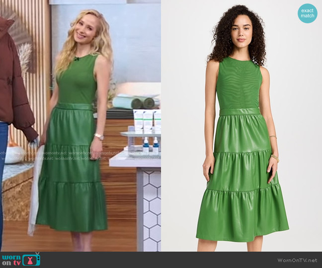Alice + Olivia Conley Vegan Leather Tiered Midi Dress in Avocado worn by Dr. Whitney Bowe on Good Morning America