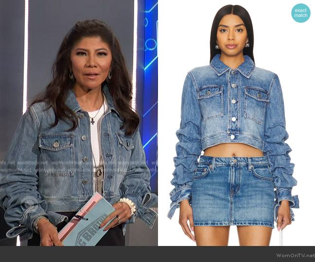 Alice + Olivia Tiff bow-detail denim jacket worn by Julie Chen on Big Brother