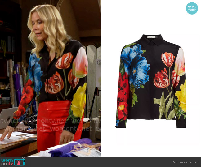 Alice + Olivia Willa Blouse in Le Parisien Black worn by Brooke Logan (Katherine Kelly Lang) on The Bold and the Beautiful