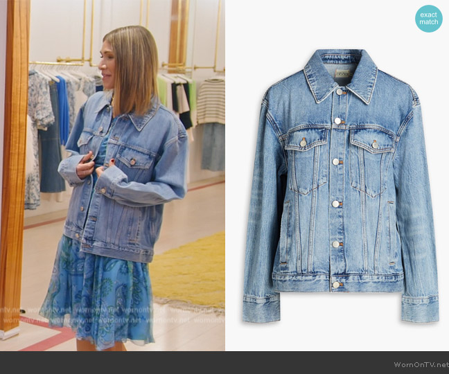 Alice + Olivia Sadie denim jacket worn by Erin Lichy on The Real Housewives of New York City