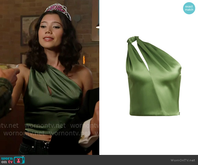 Alice + Olivia Piera Top in Avocado worn by Violet Mikami (Hanako Greensmith) on Chicago Fire