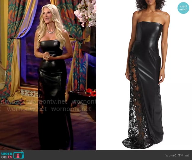 Alice + Olivia Retha Faux Leather Lace Maxi Dress worn by Joan Vassos on The Golden Bachelorette