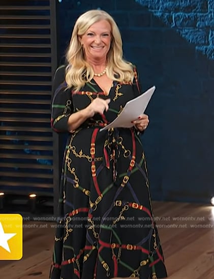 Alison Triessl’s black belt print dress on Access Hollywood