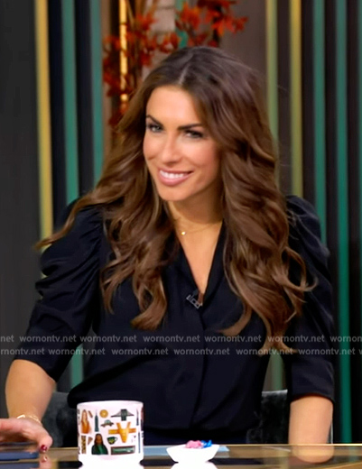 Alyssa’s navy ruched sleeve blouse on The View