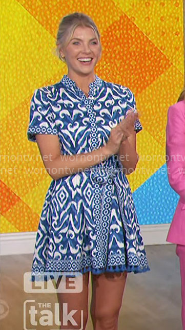 Amanda’s blue and white printed mini dress on The Talk