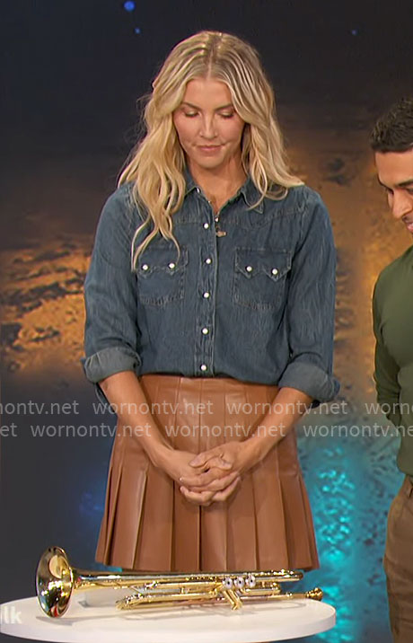 Amanda’s denim shirt and pleated leather skirt on The Talk