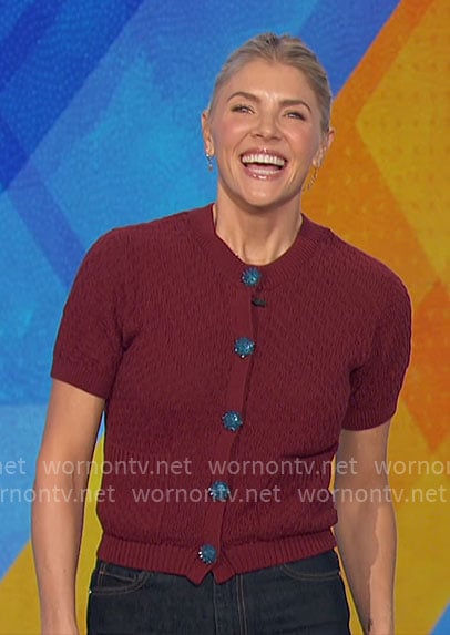 Amanda’s dark red cardigan with blue jewel buttons on The Talk