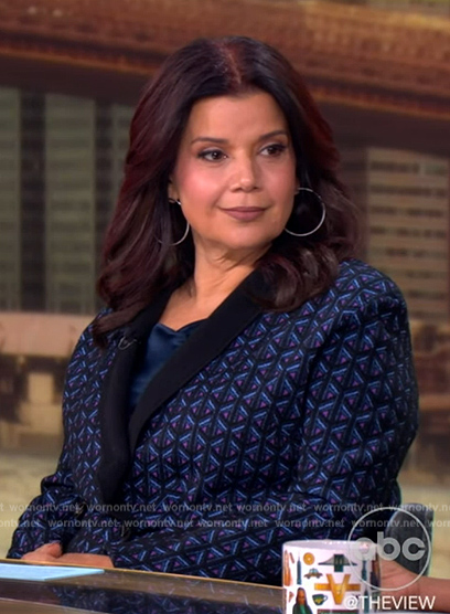 Ana’s blue geometric knit blazer and pants on The View