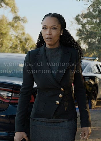 Andrea’s black asymmetric jacket with gold buttons on The Lincoln Lawyer