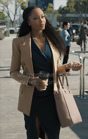 Andrea’s blue dress and camel blazer on The Lincoln Lawyer