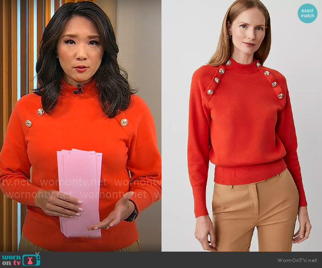 Ann Taylor Raglan Button Crew Neck Sweater in Toasted Tangerine worn by Nancy Chen on CBS Mornings